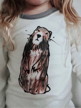 Baby Soy Cream Long Sleeve Tee with marmot Illustration and Gray Trim